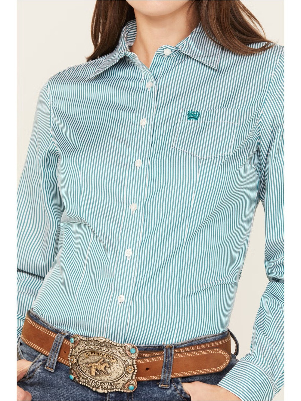 Cinch Teal & White Striped Button-Down Shirt